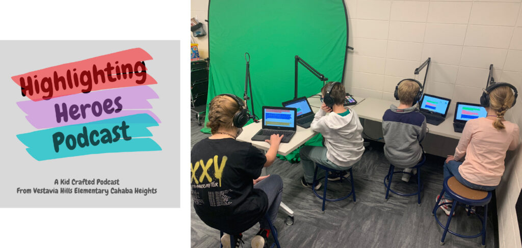 students creating podcasts