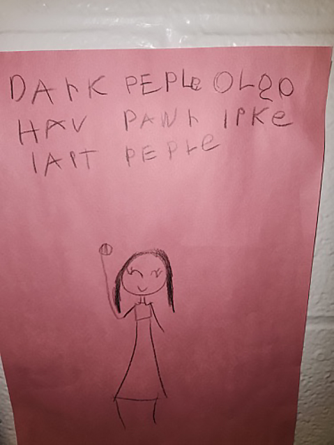 poster drawn by elementary student tha reads "Dark peple olso hav pawr like lait peple"