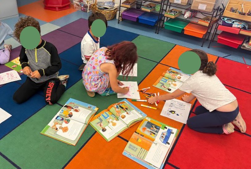 elementary students working on a carpet