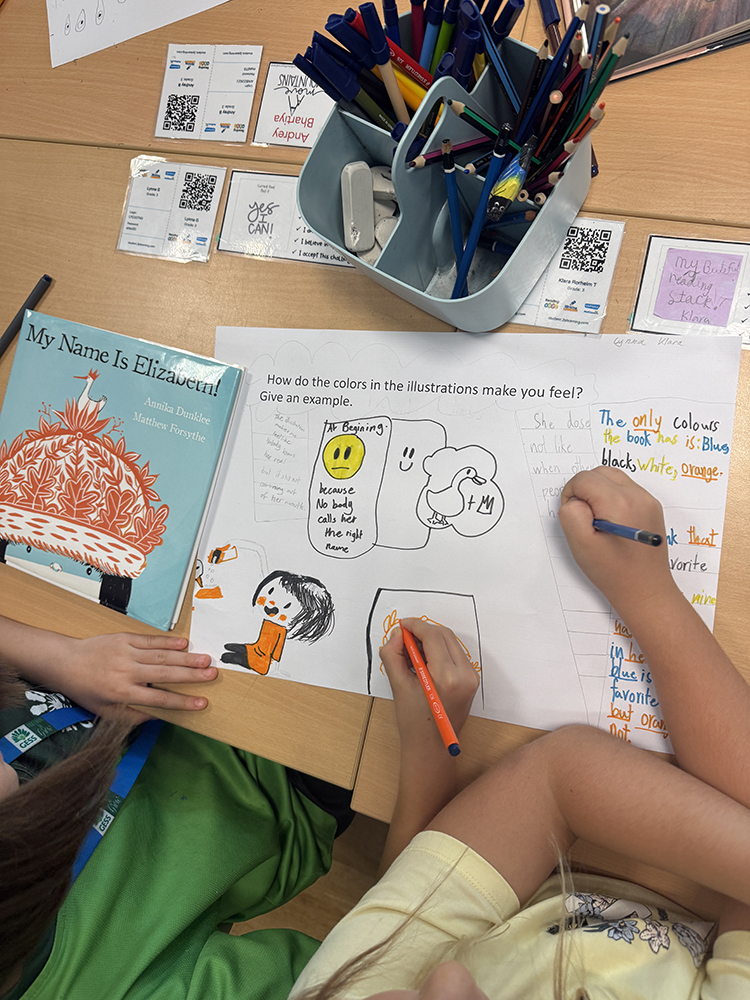 elementary students working on reading worksheet