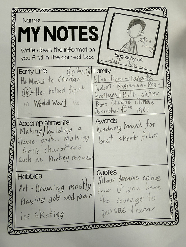 "My Notes" worksheet for biography project