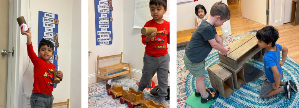 elementary students using blocks as a cell phone and building a play house