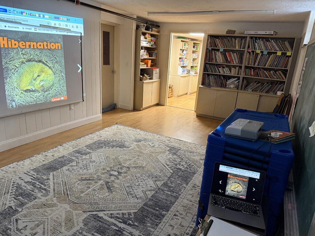 empty elementary classroom set up for a read-aloud