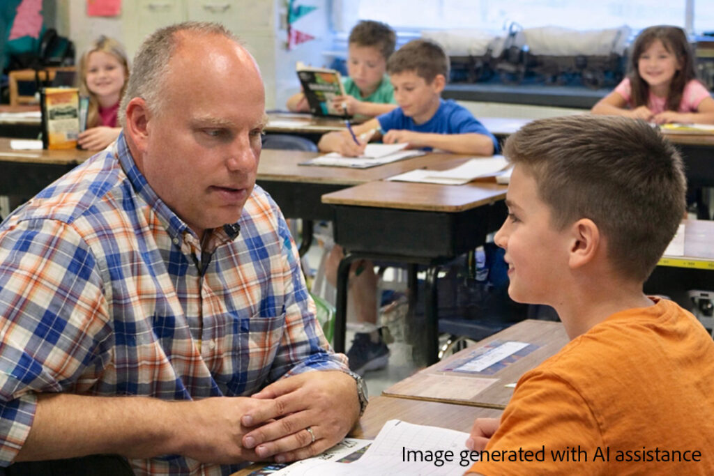 Teacher conferring with student as other students work in the background