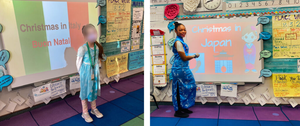 pictures of a second grader and her teacher presenting about Christmas in different countries