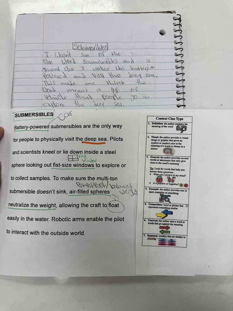 student work showing how they used context clues to determine the meaning of a word