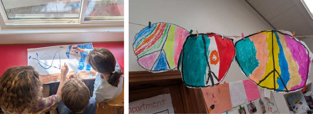 one photo of group of three kindergarten students working on a painting at a red tabletop; the other picture shows circular art panels clipped to a string