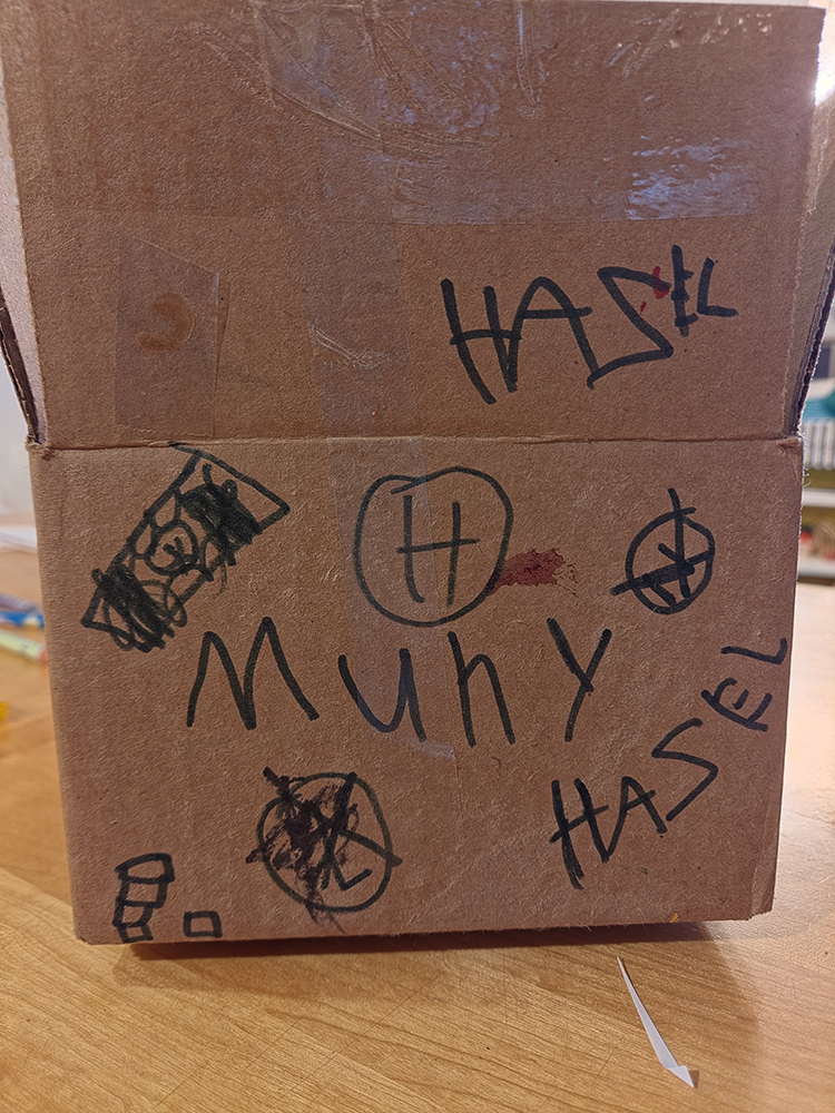 cardboard box decorated with writing by six-year-old